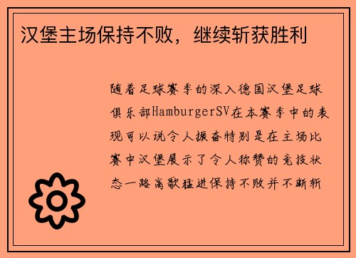 汉堡主场保持不败，继续斩获胜利