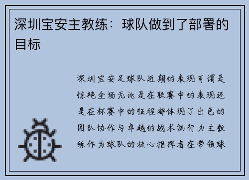 深圳宝安主教练：球队做到了部署的目标