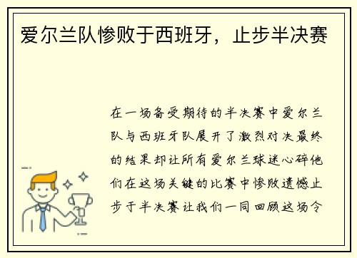 爱尔兰队惨败于西班牙，止步半决赛