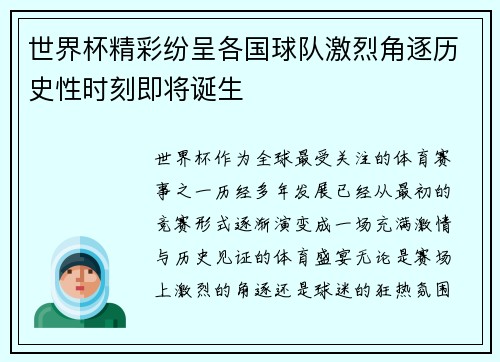 世界杯精彩纷呈各国球队激烈角逐历史性时刻即将诞生